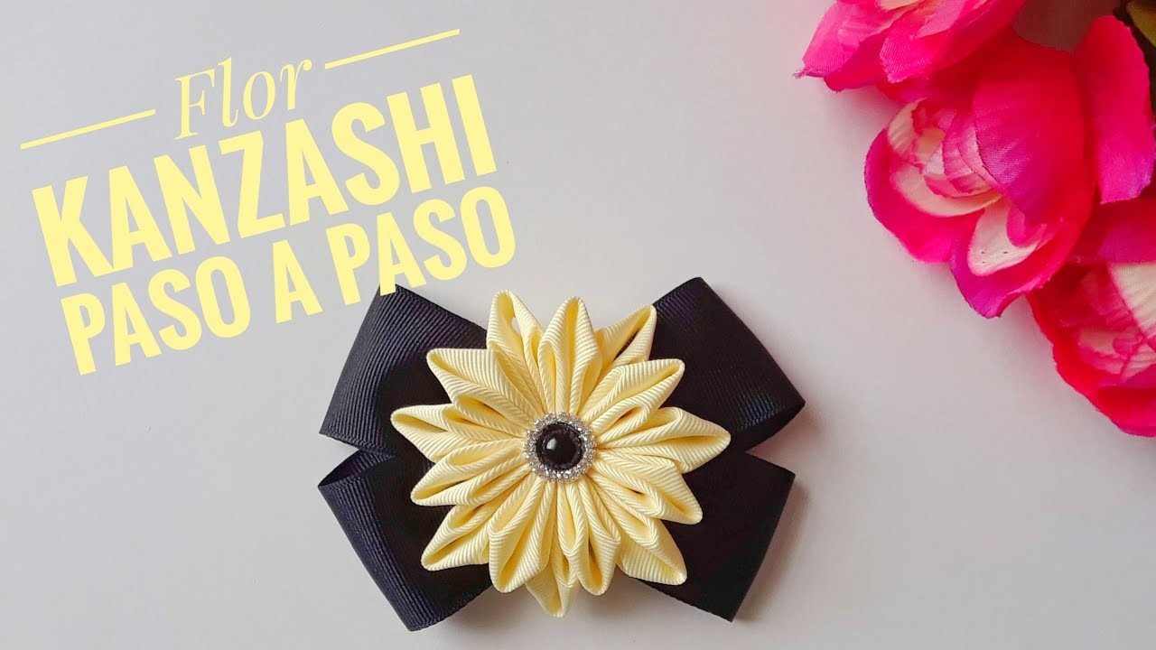 Flor Kanzashi de listón gros con moño hecho con molde | DIY Kanzashi Flower | Flor y Laço de fita