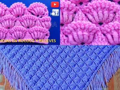 HOJAS EN PUNTO ROCOCO tejido a crochet para aplicar en forma cuadrada y en chales triangulares