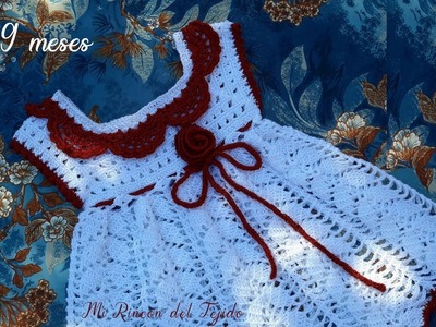 Vestido Bebe Blanco Burdeo 6 a 9 meses Crochet (Ganchillo). Tutorial Paso a Paso. Parte 2 de 2.