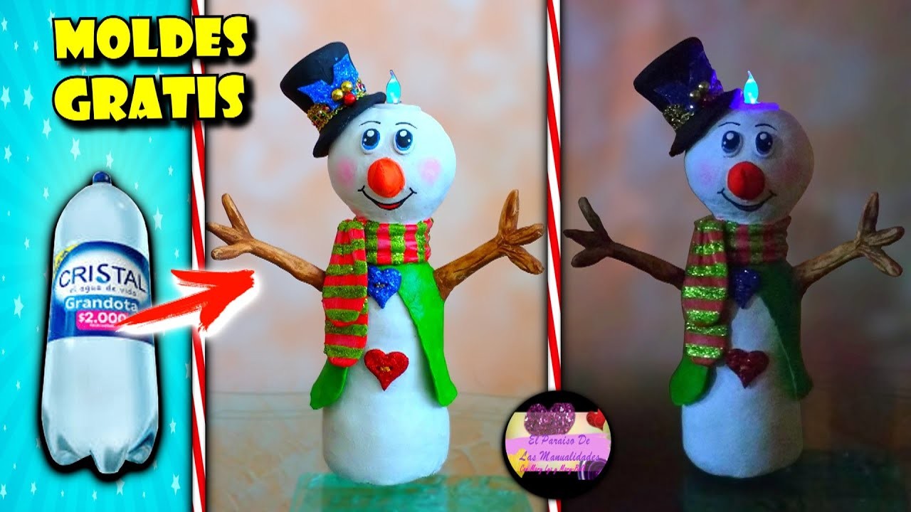 Lampara navideña en forma de muñeco de nieve con papel higiénico sin pegamento (Moldes Gratis)