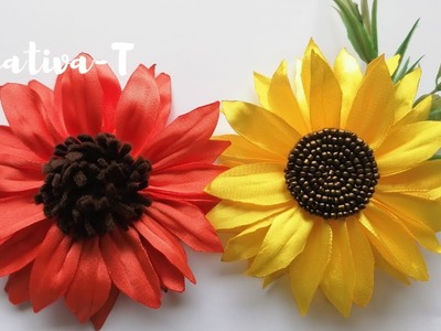 Girasoles de cinta y tela raso. Ribbon sunflower