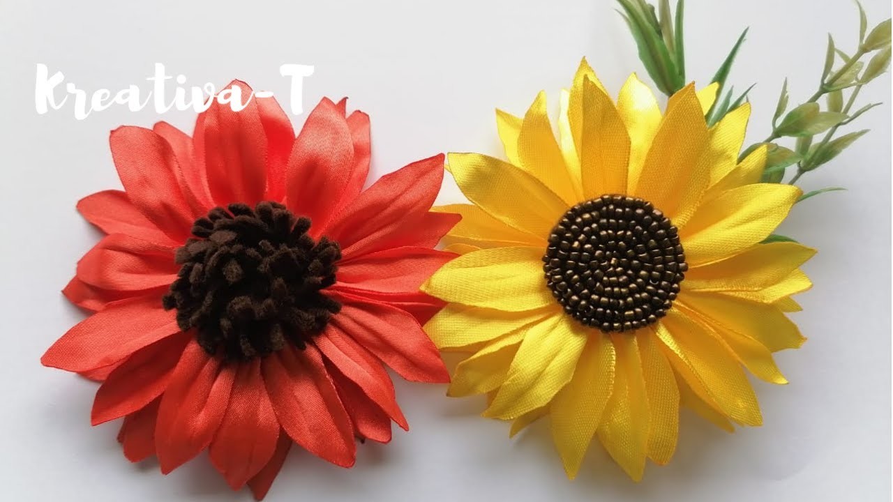 Girasoles de cinta y tela raso. Ribbon sunflower