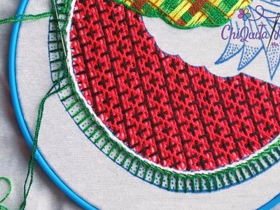 Bordado Fantasía Sandía 5. Hand Embroidery Watermelon ???? with Fantasy Stitch