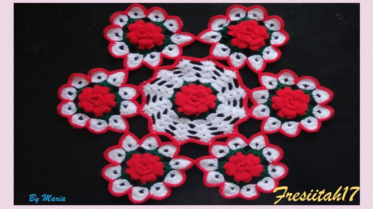 Hermoso tapete con flores tejido a crochet (diámetro aproximado 40 cm)