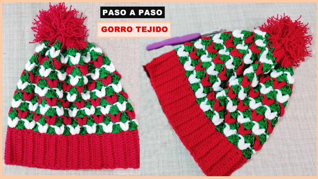 GORRO TEJIDO EN CROCHET PARA NAVIDAD EN UN LINDO Y FÁCIL PUNTO.