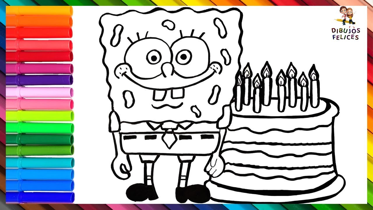 Cómo Dibujar y Colorear A Bob Esponja Con Una Torta De Cumpleaños ???????????? Dibujos Para Niños