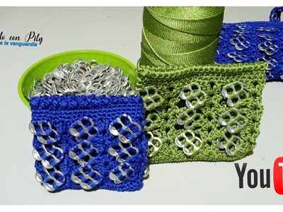 Monedero tejido con anillas o chapitas a crochet punto abanicos y anillas