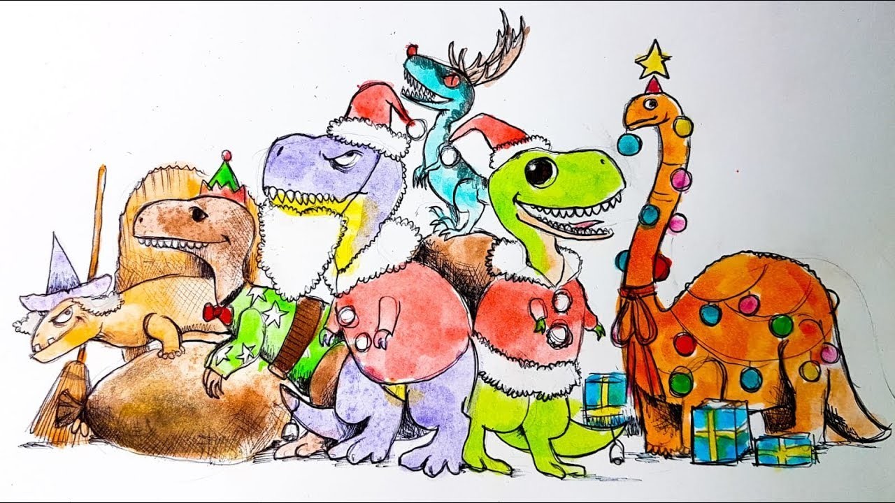 ¡Como dibujar la versión Navideña de los protagonistas del Parque de Dinosaurios!