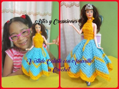 Vestido Celeste Con Amarillo a Crochet.