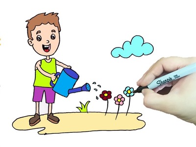 Como dibujar UN NIÑO REGANDO PLANTAS paso a paso y MUY FACIL - Dibujos para Colorear