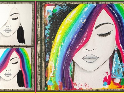 Girl with Rainbow Hairstyle step by step - Acrylic painting. Homemade Illustration