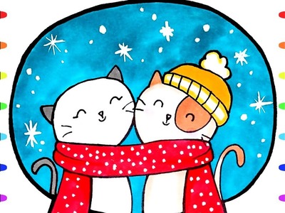 How to Draw CUTE Cats | Cats in Winter Drawing Tutorial (Easy) - Cute Cats Video :)