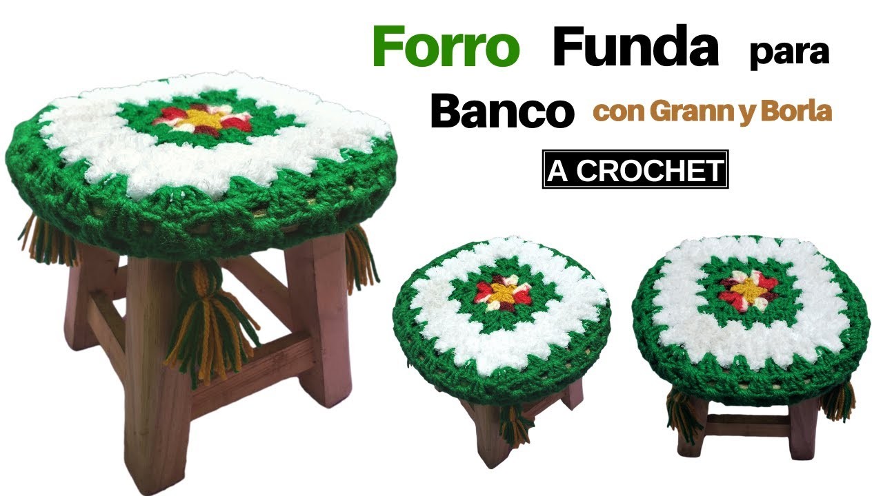???? Forro Funda para Banco a Crochet con Borlas en las 4 Esquinas ✅ Tejidos ganchillo   crochet
