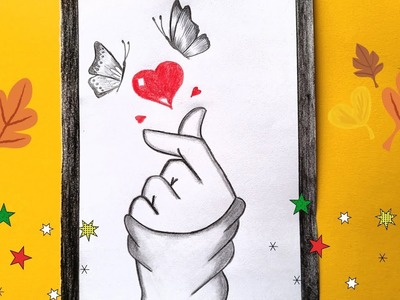 ????Dibujo facil ????Como hacer un corazon coreano Dibujo a lápiz con mariposas