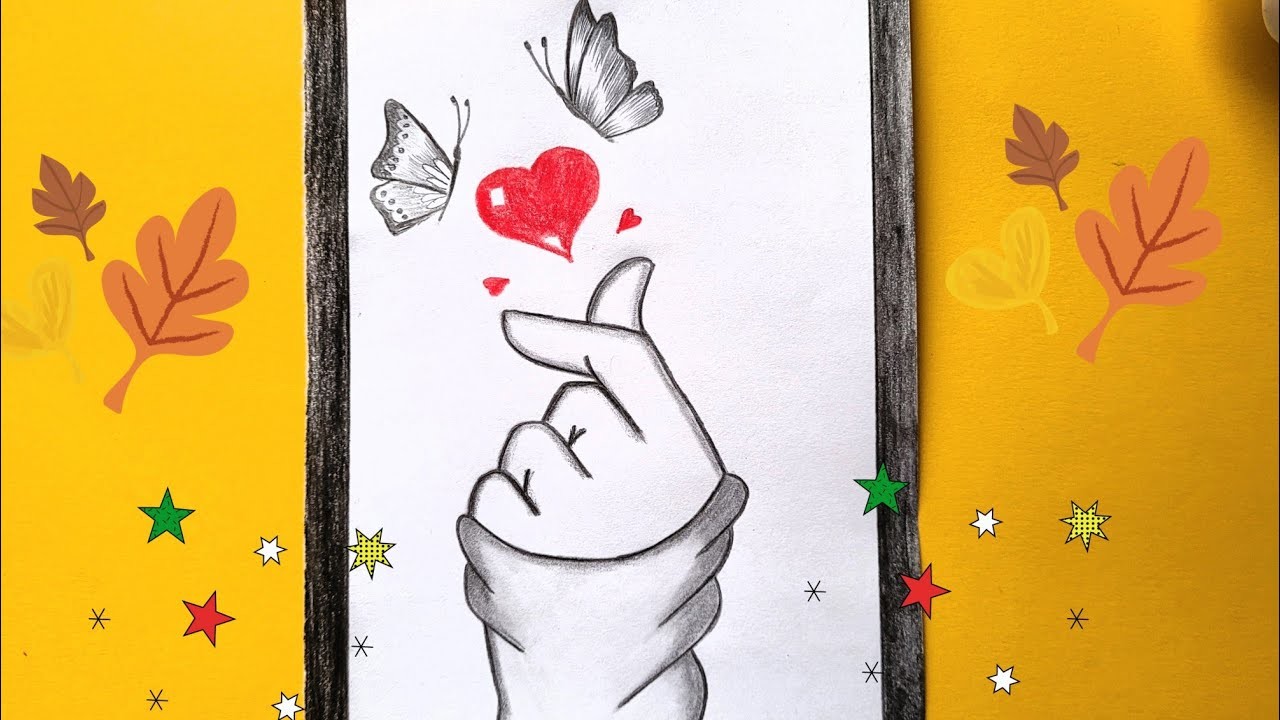????Dibujo facil ????Como hacer un corazon coreano Dibujo a lápiz con mariposas