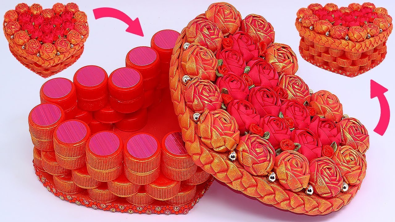 DIY Caja en forma de Corazón reciclando tapones de botellas y decorada con Rosas (Fácil de hacer)