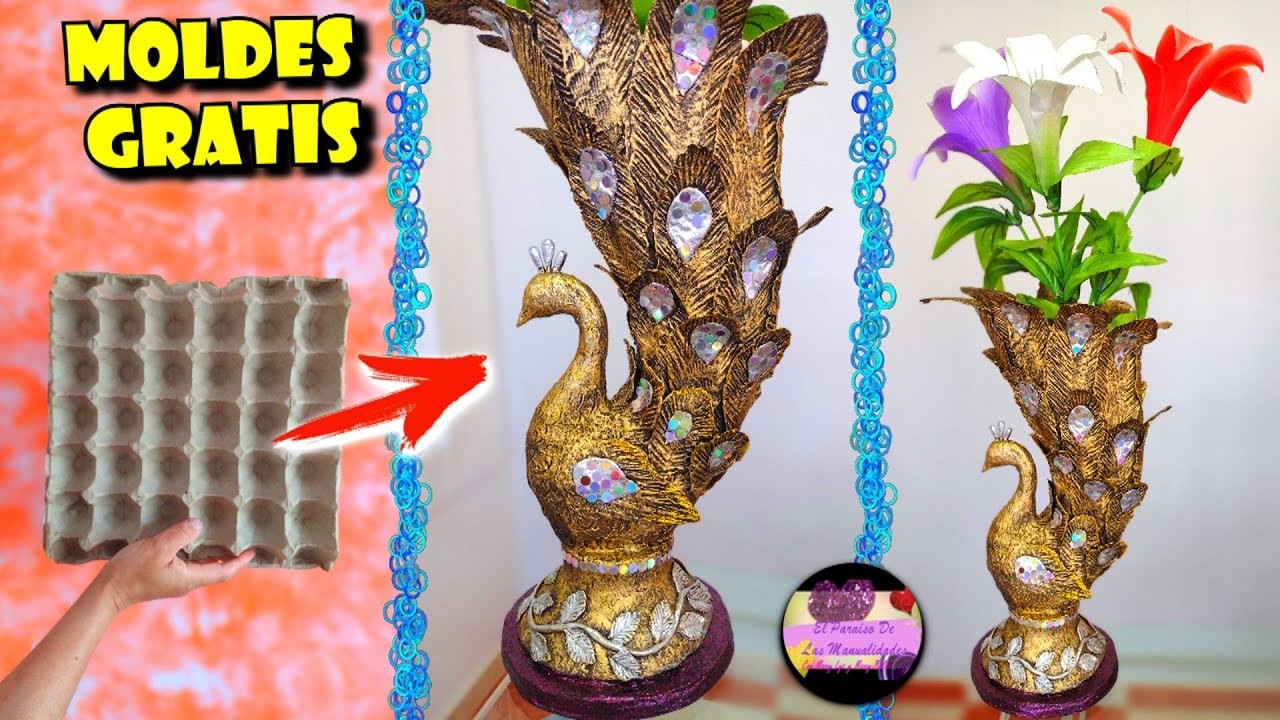 Convierte un simple cartón de huevo en un espectacular florero de pavo real en 3D (Moldes Gratis)