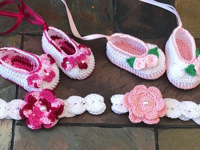 Zapatitos  y diadema para bebé tejidos a crochet 3-6 meses