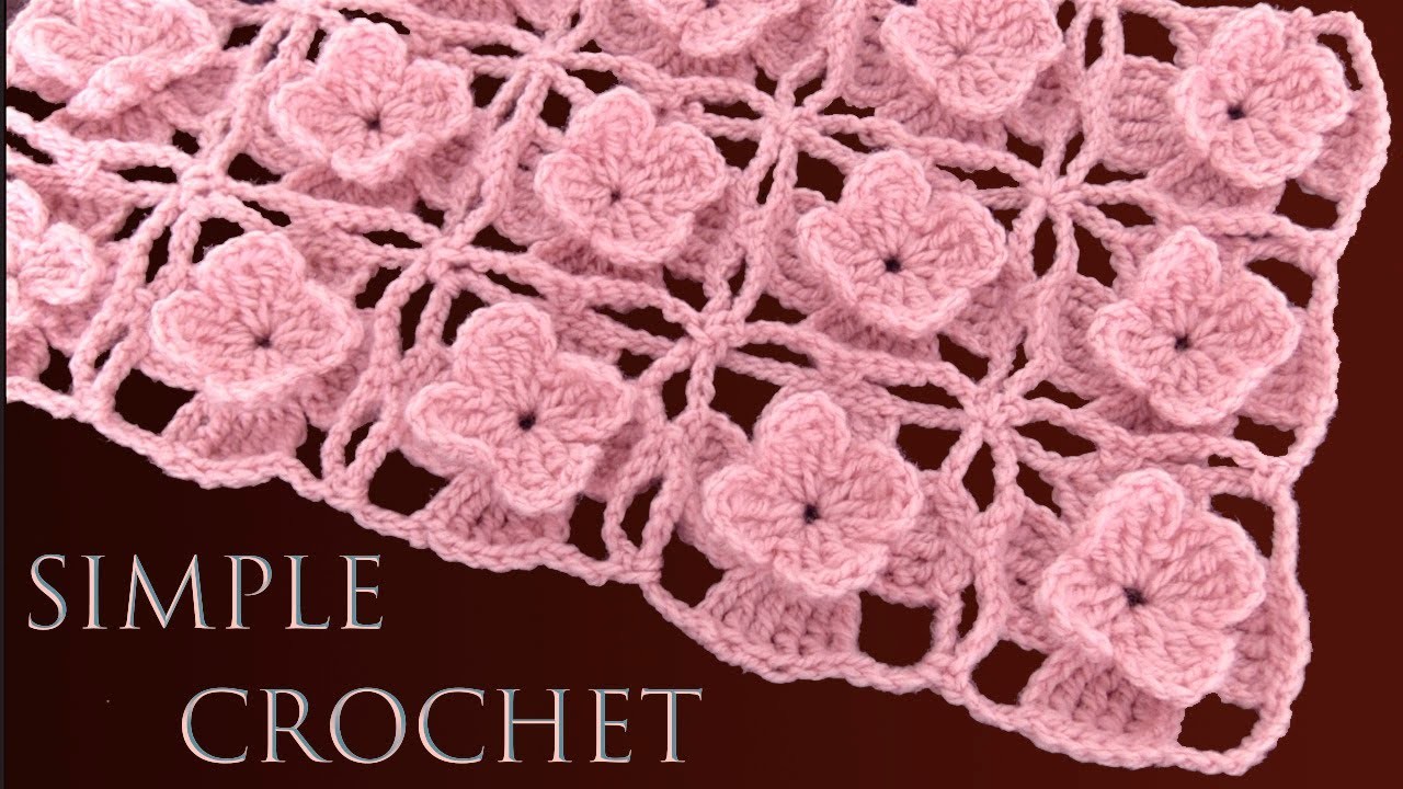 Bufanda Rosa a Crochet en Punto de flores en 3D tejido para manta en ganchillo