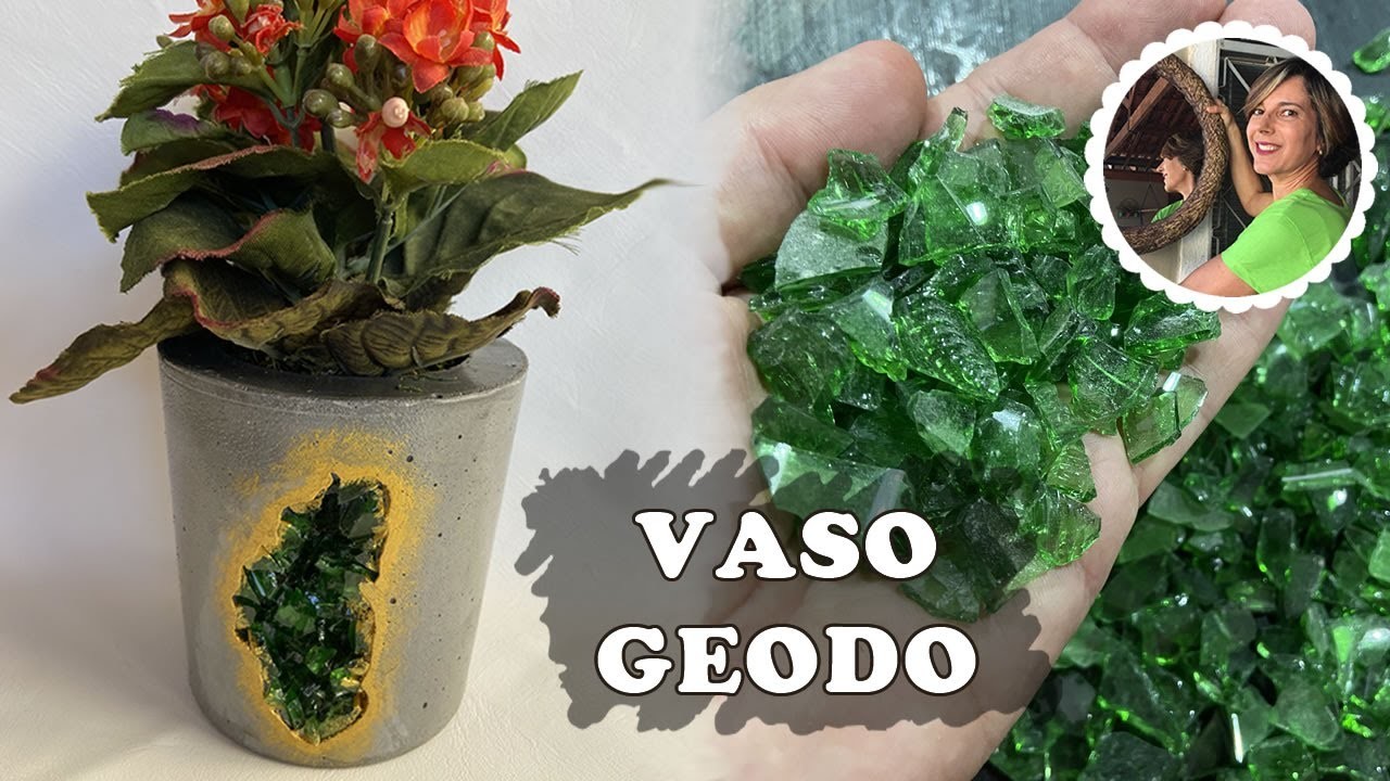 DIY - COMO FAZER VASO DE CIMENTO TIPO GEODO - revestido com cacos de vidro
