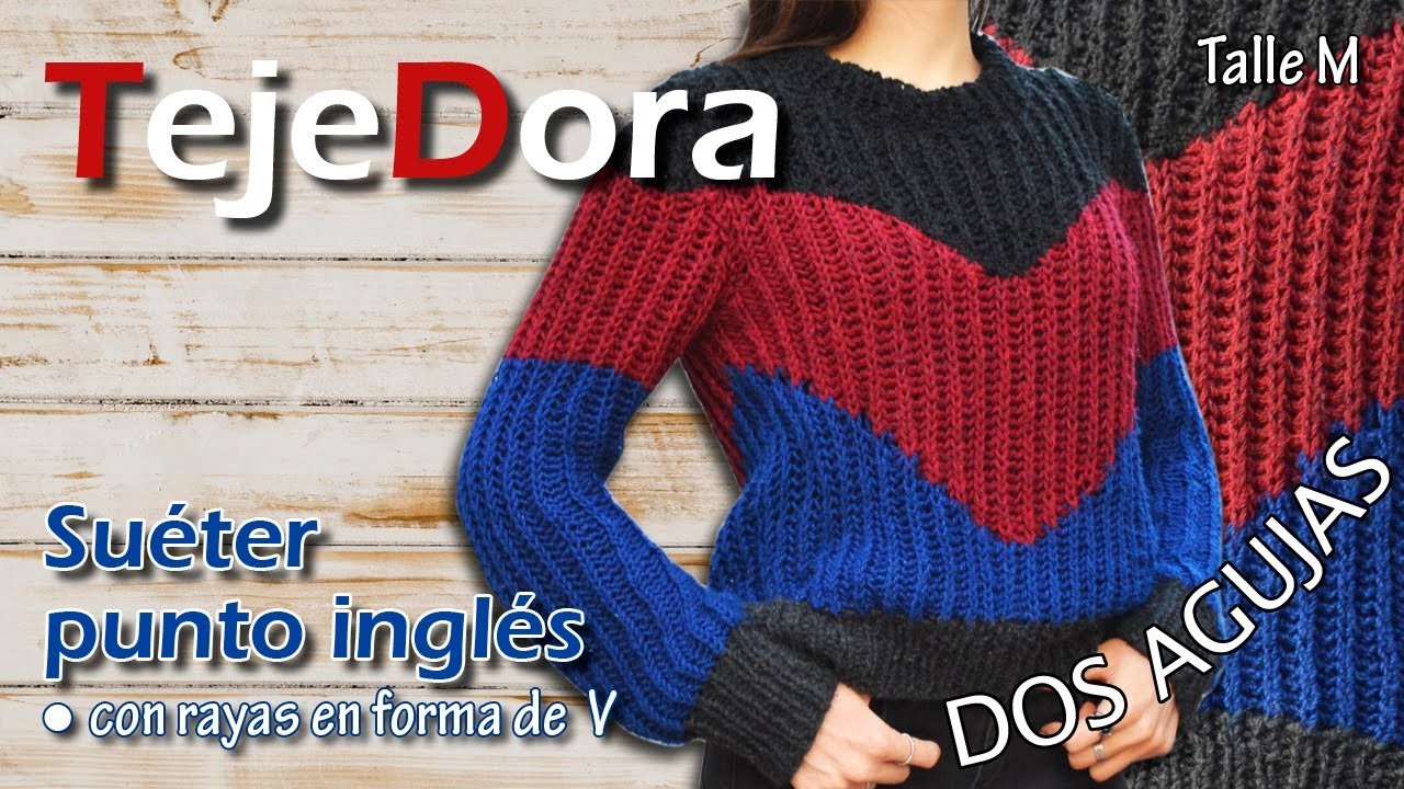 Suéter tejido en punto inglés con rayas en V para mujer (chaleco inglés). DOS AGUJAS - TRICOT