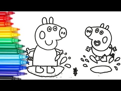 Dibuja y colorea a Peppa pig y george pig  en charcos lodosos ????????Dibujos para niños