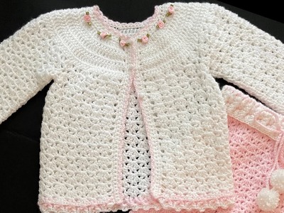 Chaquetita o chambrita tejida a crochet paso a paso para niñas de 9 a 12 meses y mas medidas