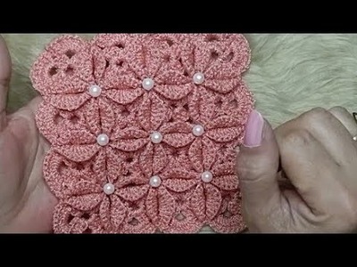 Cómo tejer cuadradito. solo dos vueltas. con flores en relieve.Muestrario crochet.