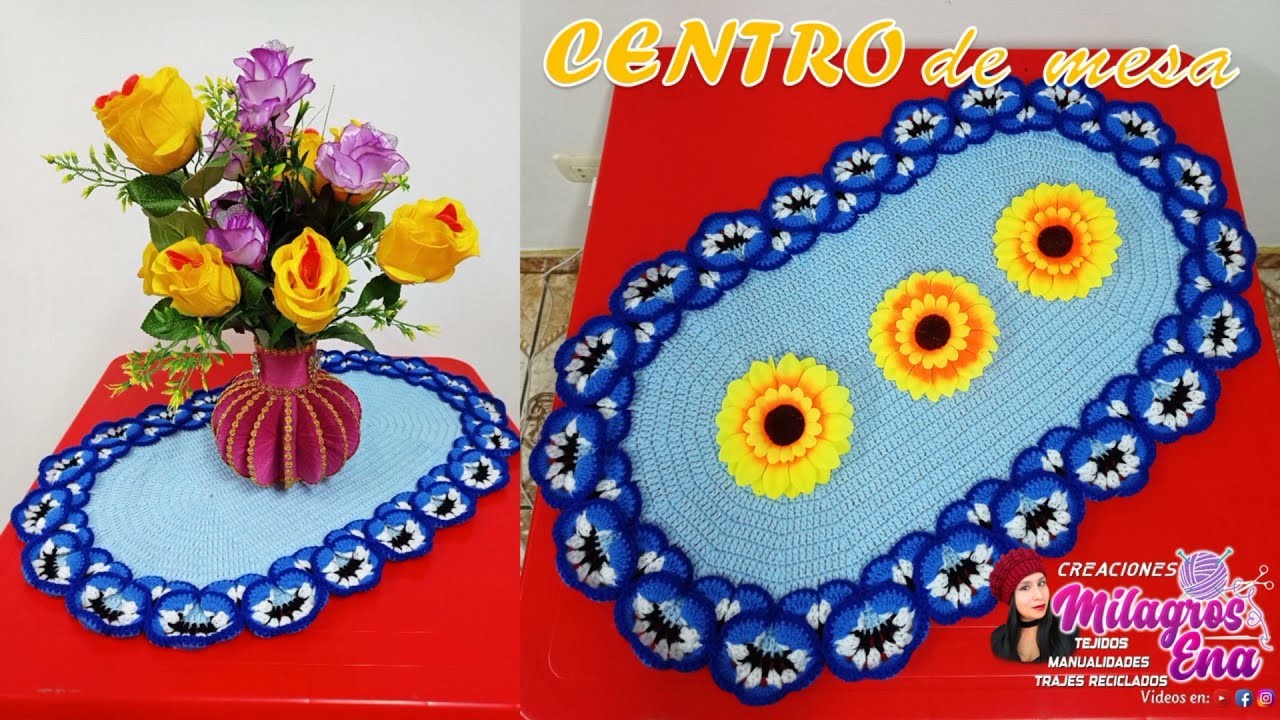 Centro de mesa N° 3 ovalado tejido a crochet con Flores PENSAMIENTO paso a paso - MILAGROS ENA