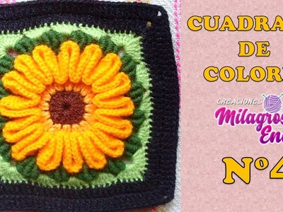 Cuadrado N° 4 de colores tejido a crochet para colchas y cojines : Muestra flor con hojitas rococo