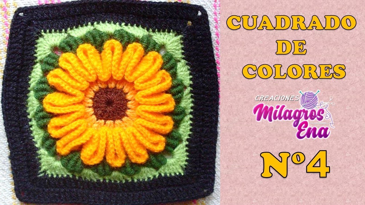 Cuadrado N° 4 de colores tejido a crochet para colchas y cojines : Muestra flor con hojitas rococo