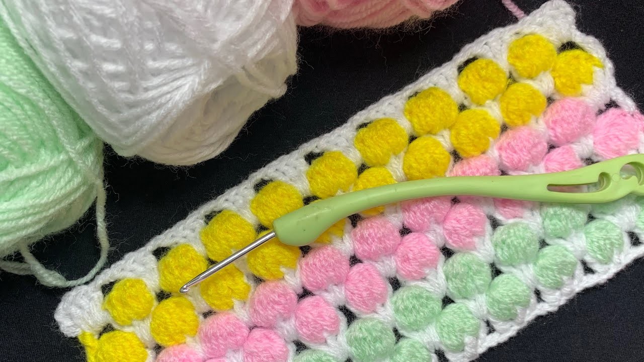Punto burbuja calado en multicolor tejido a crochet paso a paso especial para abrigos y mantas