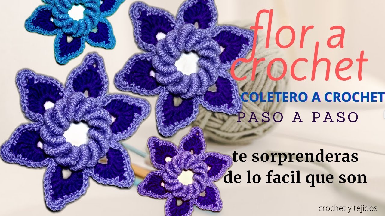 COMO hacer flor tejida a crochet . coletero. flor a crochet. crochet flower. flor de crochê