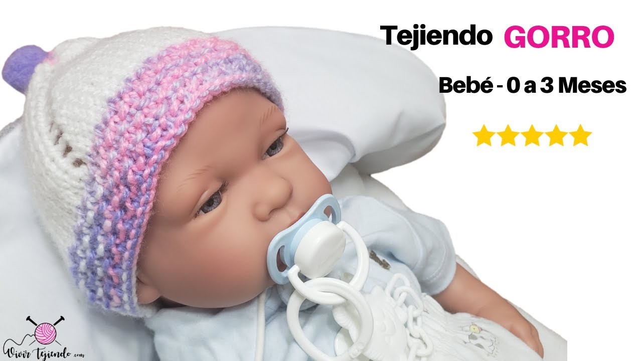 ✅ Gorro Bebé a Dos Agujas de 0 a 3 Meses con Pompón ✔ Tejidos a Dos Agujas Palitos