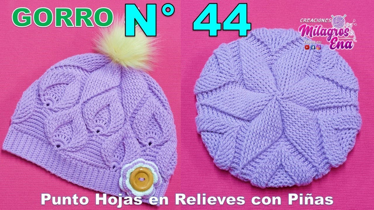 Gorro N° 44 tejido a crochet MODELO 5 en punto Estrella y Hojas en relieves con Piñas paso a paso