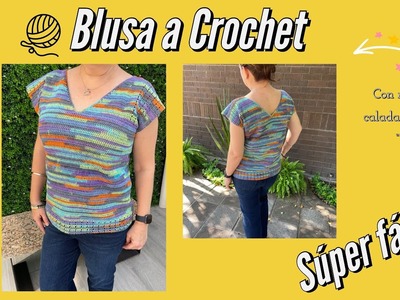 Como hacer blusa o camiseta para principiantes a Crochet con manga calada y cuello V, aquí el video