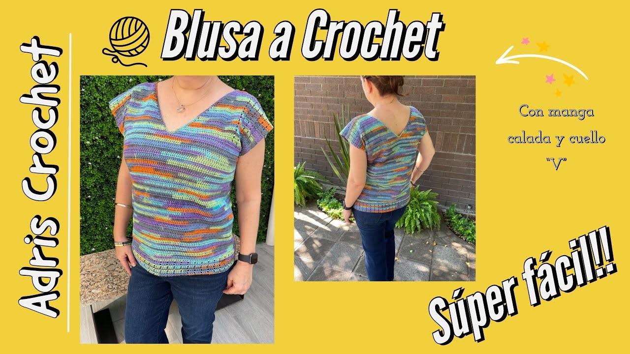 Como hacer blusa o camiseta para principiantes a Crochet con manga calada y cuello V, aquí el video