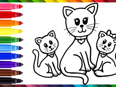 Dibuja y Colorea Una Mamá Gata Con Sus Dos Gatitos ???????????????? Dibujos Para Niños