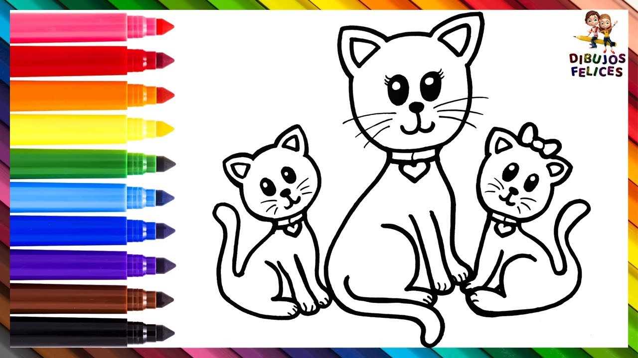 Dibuja y Colorea Una Mamá Gata Con Sus Dos Gatitos ???????????????? Dibujos Para Niños