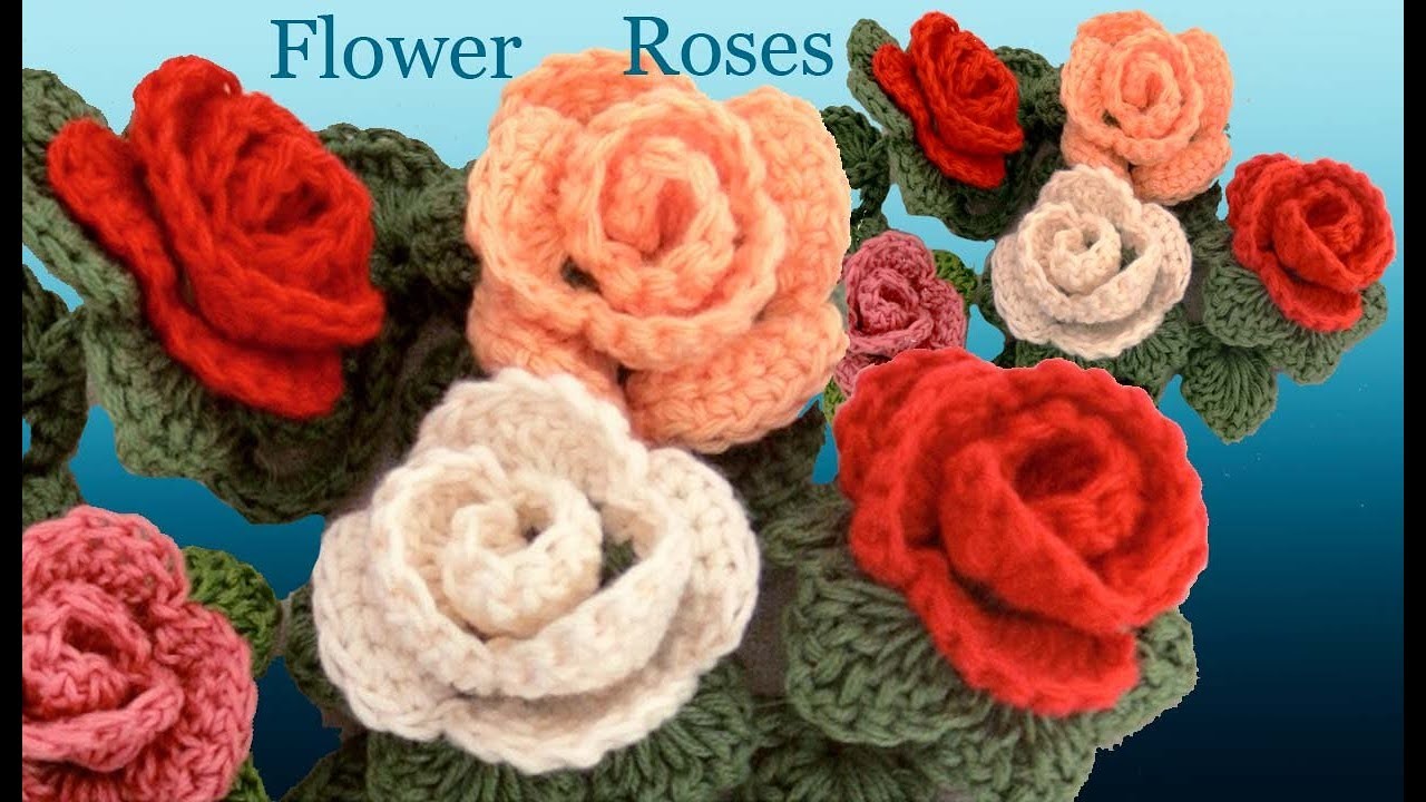 Como hacer flores rosas a crochet con hojas y tallos tejido en ganchillo