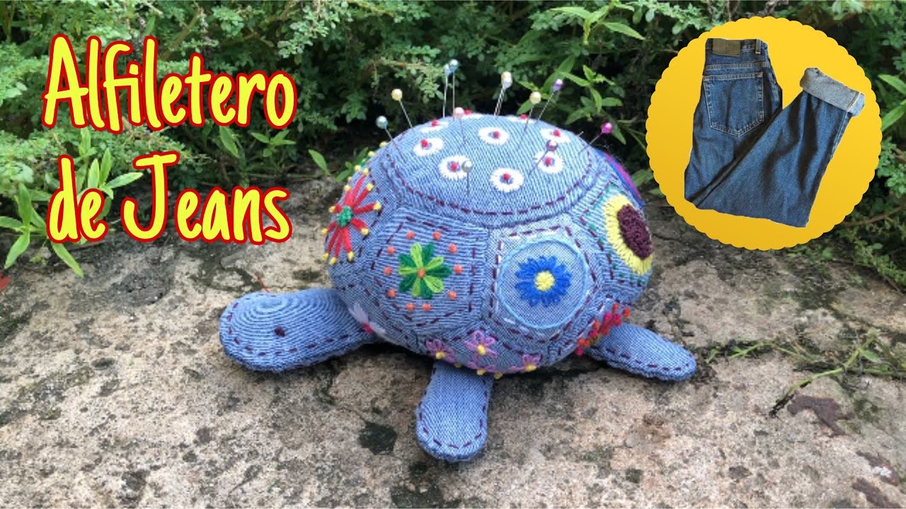 Reciclando Jeans Viejos.Alfiletero de Pentágonos Bordados
