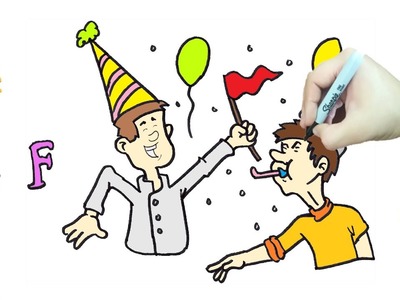 Como hacer dibujos de palabras que empiezan con la LETRA F, Dibujo de la palabra FIESTA muy fácil