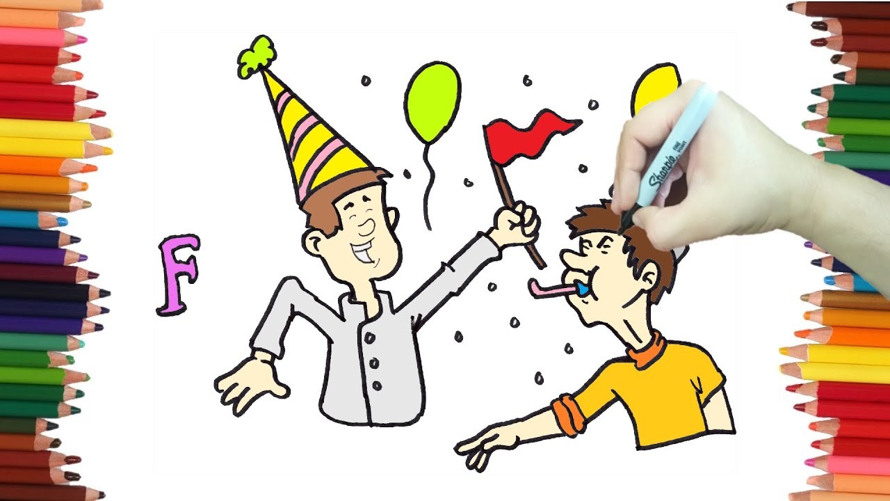 Como hacer dibujos de palabras que empiezan con la LETRA F, Dibujo de la palabra FIESTA muy fácil