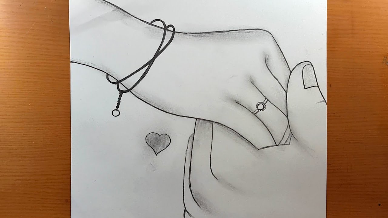 Cómo dibujar un dibujo de una pareja de San Valentín cogidos de la mano con lapiz paso a paso