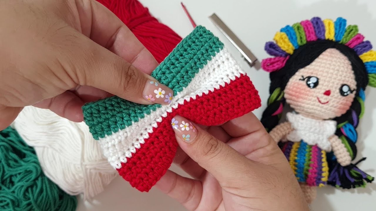 Accesorio a crochet rápido de tejer  - Moño tricolor mexicano tejido a crochet - Crochet bow