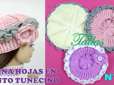 Como tejer Boina N° 37 a crochet para bebes, niñas y mujer con flor y Hojas en punto Tunecino