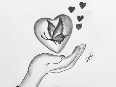 Heart drawing and butterfly for beginners - easy pencil drawing