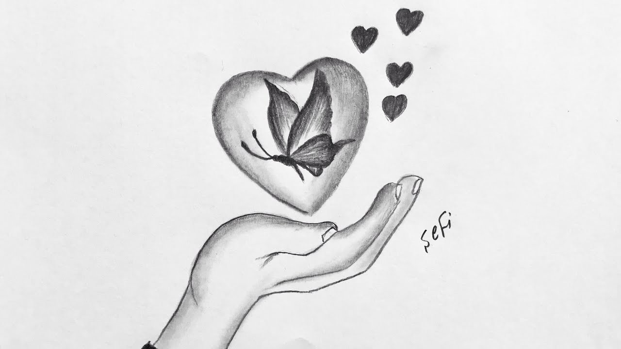 Heart drawing and butterfly for beginners - easy pencil drawing