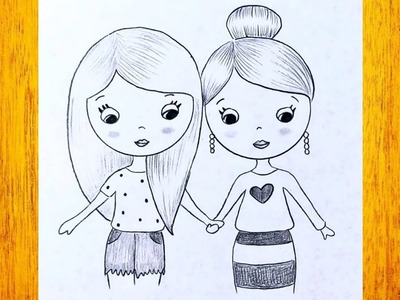 Dibujo a lápiz de dos chicas mejores amigas. Dibujos simples para principiantes