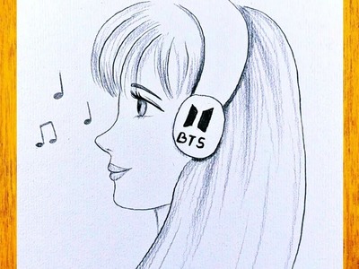 Como dibujar una hermosa chica con auriculares BTS. Dibujo simple.Como desenhar uma linda garota